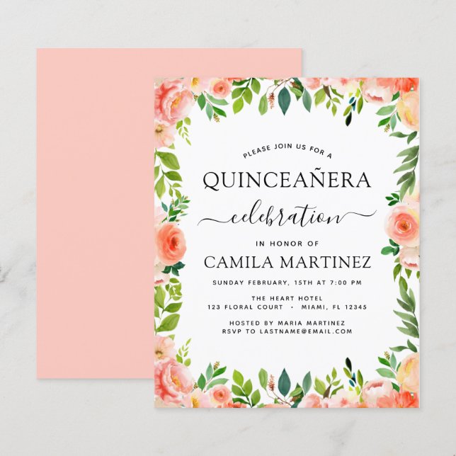 Budget Coral Peach Floral Quinceañera Einladung (Vorne/Hinten)