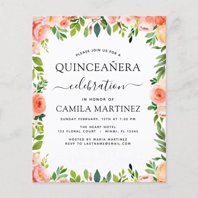 Budget Coral Peach Floral Quinceañera Einladung Flyer (Vorne)