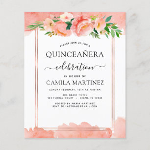 Budget Coral Peach Floral Quinceañera Einladung Flyer