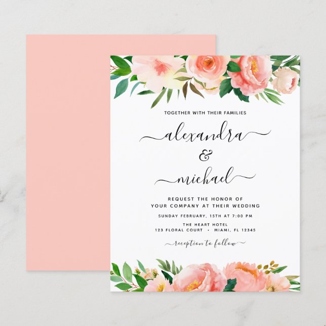 Budget Coral Peach Floral Wedding Einladung (Vorne/Hinten)