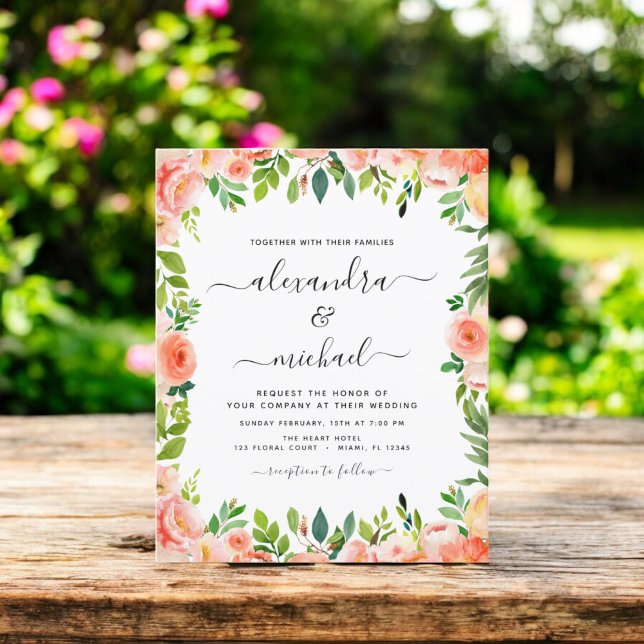 Budget Coral Peach Floral Wedding Einladung (Von Creator hochgeladen)