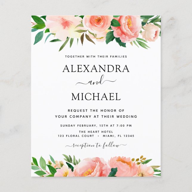 Budget Coral Peach Floral Wedding Einladung Flyer (Vorne)