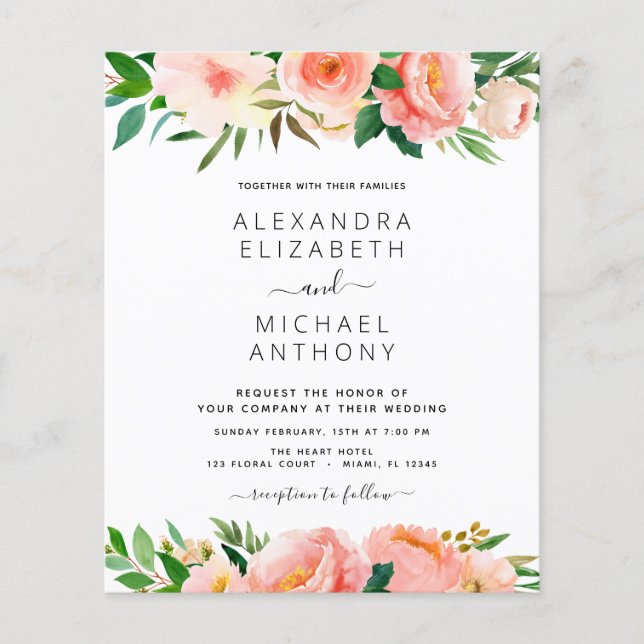 Budget Coral Peach Floral Wedding Einladung Flyer (Vorne)
