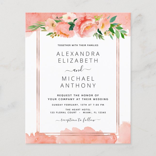 Budget Coral Peach Floral Wedding Einladung Flyer (Vorne)