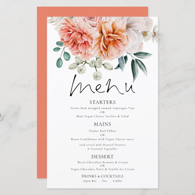 Budget Coral Peonies Florals Wedding Menu (Vorne/Hinten)
