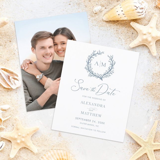 Budget Coral Reef Dusty Blue Wedding Save the Date (Von Creator hochgeladen)