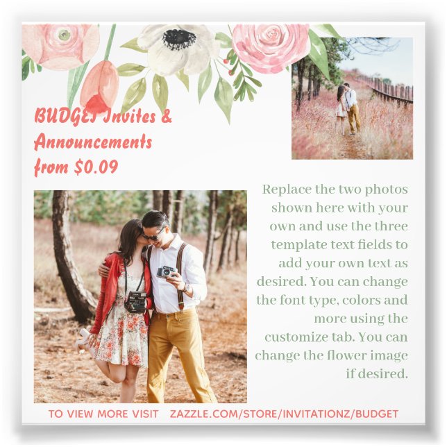 BUDGET Coral rose Fleurs Modèle de texte photo (Devant)