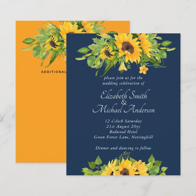Budget Country Sunblwers Navy Hochzeitseinladungen (Vorne/Hinten)