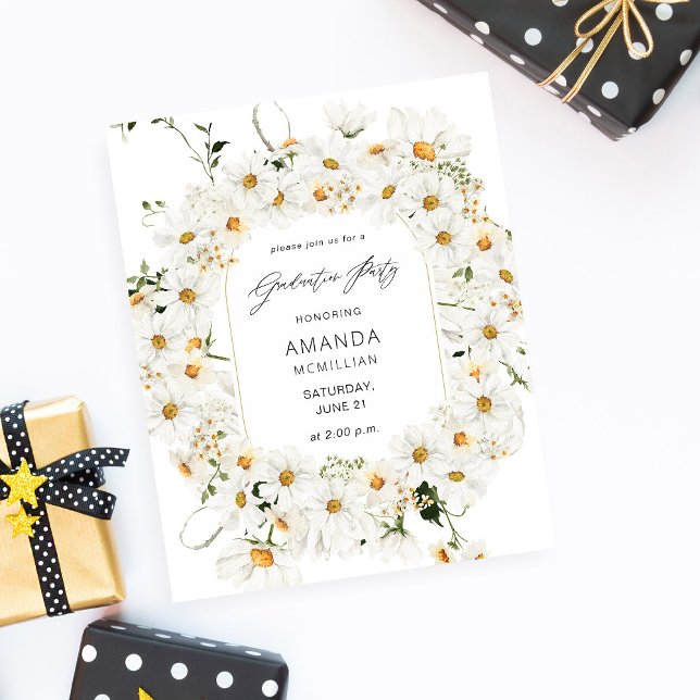 Budget Daisy White Floral Graduation Party Flyer (Von Creator hochgeladen)