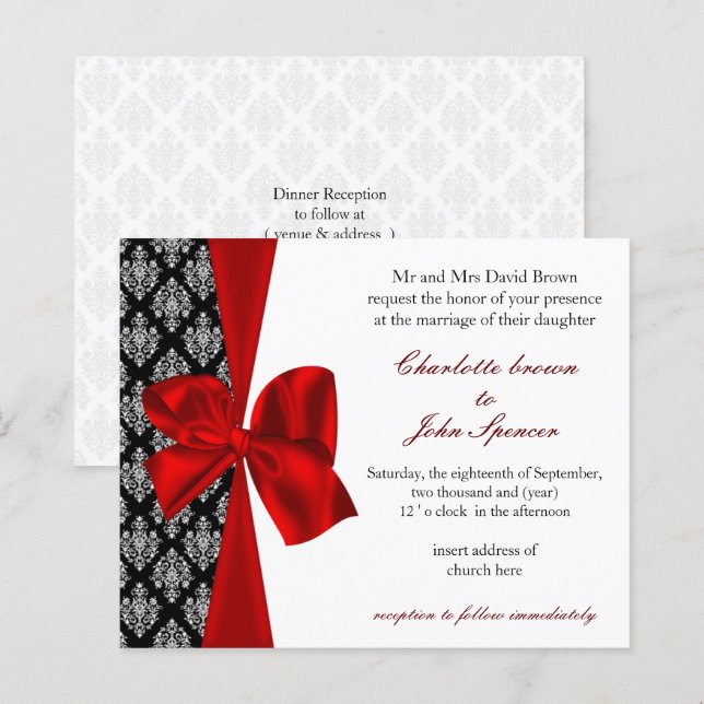 Budget Damask Black Red Wedding Einladung (Vorne/Hinten)