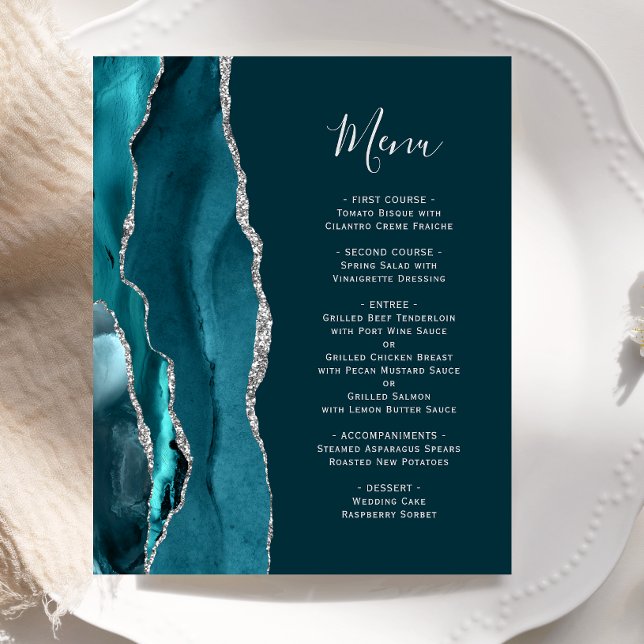 Budget Dark Aquamarin Silver Agate Wedding Menu (Von Creator hochgeladen)