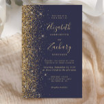Budget Dark Blue Gold Glitzer Einladung Hochzeitsf<br><div class="desc">Die links Kulisse dieser modernen Hochzeitseinladung besticht durch einen vergoldeten Glitzer mit Imitaten. Der individuell anpassbare Text kombiniert blassgoldene Handschrift,  Copperplate und kursiv Schriftart auf dunkelblauem Hintergrund. Die Rückseite ist mit einem dunkelblauen und goldenen Design ausgestattet.</div>