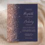 Budget Dark Blue Rose Gold Glitzer Hochzeit Einlad<br><div class="desc">Die links Kulisse dieser eleganten,  modernen Hochzeitseinladung besticht durch eine Rose Gold Imitat Glitzer-Grenze. Der anpassbare Text kombiniert eine handgeschriebene Handschrift in blasser Rose mit goldblütigen Farbtönen,  Copperplate und kursivem Schriftart auf dunkelblauem Hintergrund. Auf der Rückseite ist ein passendes dunkelblaues und Rose-Gold-Design.</div>