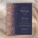 Budget Dark Blue Rose Gold Glitzer Hochzeit Einlad<br><div class="desc">Die links Kulisse dieser eleganten, modernen Hochzeitseinladung besticht durch eine Rose Gold Imitat Glitzer-Grenze. Der individuell anpassbare Text kombiniert blassfarbene, goldfarbene Handschrift, Copperplate und kursiv gestaltete Schriftart auf dunkelblauem Hintergrund. Auf der Rückseite ist ein passendes dunkelblaues und Rose-Gold-Design. HINWEIS: Umschläge sind nicht automatisch in diese Einladungen mit dem Budget eingeschlossen....</div>