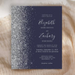 Budget Dark Blue Silver Glitzer Hochzeit Einladung<br><div class="desc">Die links Kulisse dieser eleganten,  modernen Hochzeitseinladung besticht durch eine silberne Imitat-Glitzer-Grenze. Der individuell anpassbare Text kombiniert handschriftlich,  kopperplate und kursiv gestaltete Schriftart auf dunkelblauem Hintergrund. Die Rückseite ist in einem dunkelblauen und silberfarbenen Design gehalten.</div>