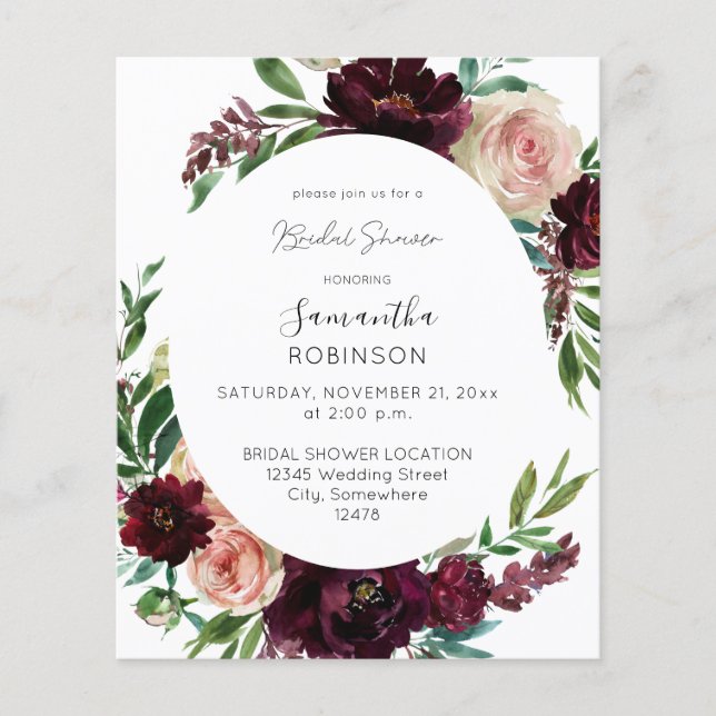 Budget Dark Burgundy & Pink Floral Brautparty Flyer (Vorne)
