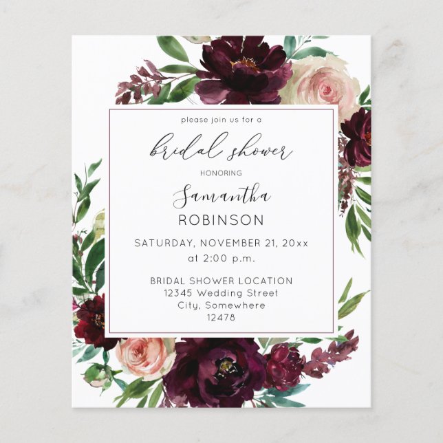 Budget Dark Burgundy & Pink Floral Brautparty S Flyer (Vorne)