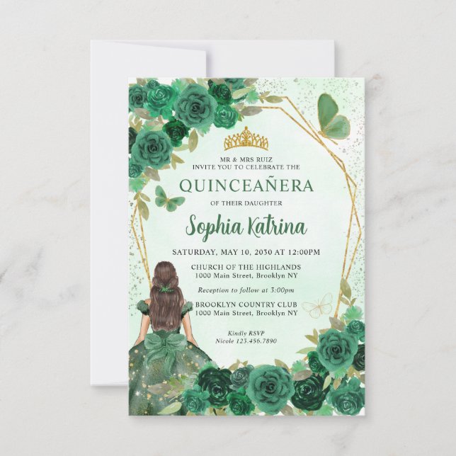Budget Dark Green Gold Blumenprinzessin Quinceañer Mitteilungskarte (Vorderseite)