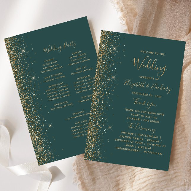 Budget Dark Green Gold Glitter Wedding Program (Von Creator hochgeladen)