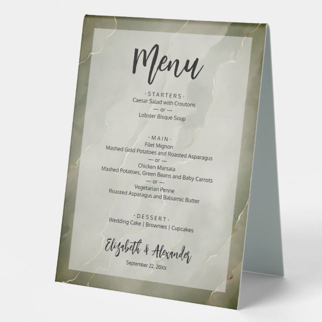 Budget Dark Green Gold Marmor Wedding Menü Tischaufsteller (Vorderseite)