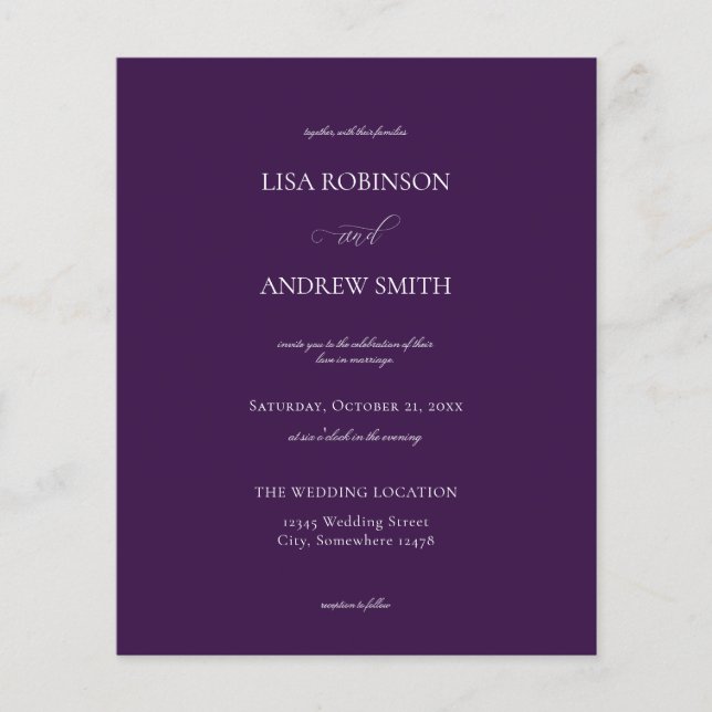 Budget Dark Violet Lila Calligrafy Wedding Flyer (Vorne)