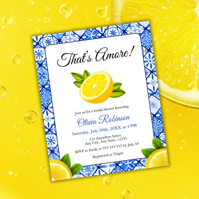 Budget Das ist die Einladung von Lemon Bridal Dusc (Budget That's Amore | Mediterranean Blue Tile Lemon Bridal Shower Invitation )