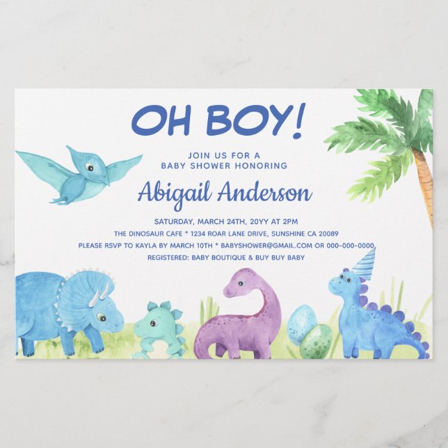 BUDGET Dinosaur Oh Boy Baby Dusche Einladung (Vorderseite)