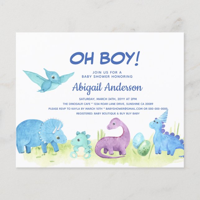 BUDGET Dinosaur Oh Boy Baby Dusche Einladung Flyer (Vorne)