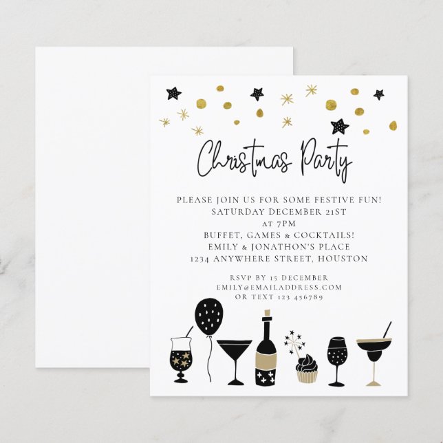 Budget Drinks Gold Black Christmas Party Einladung (Vorne/Hinten)