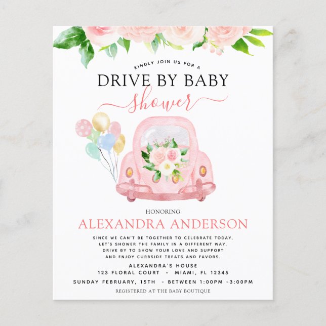 Budget Drive by Baby Dusche Blütenrot pink Flyer (Vorne)