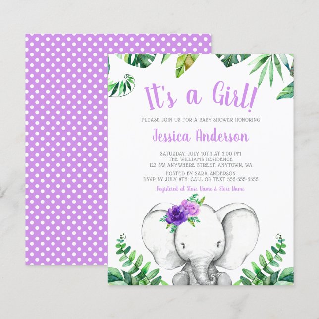 Budget Dschungel Elephant Girl Lila Baby Dusche (Vorne/Hinten)