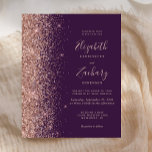 Budget Dunkle Lila Rose Gold Glitzer Hochzeit<br><div class="desc">Die links Kulisse dieser eleganten,  modernen Hochzeitseinladung besticht durch eine Rose Gold Imitat Glitzer-Grenze. Der individuell anpassbare Text kombiniert blassfarbene,  goldfarbene Handschrift,  Copperplate und kursivem Schriftart auf einem lila Hintergrund. Die Rückseite ist mit einem lila und Rose-Gold-Design ausgestattet.</div>