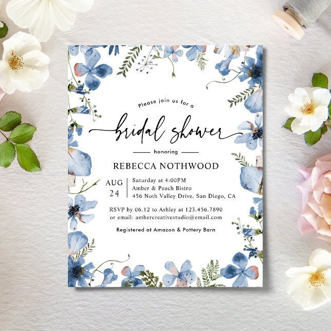 Budget Dusky Blue Florals Bridal Dusche Einladung (Von Creator hochgeladen)
