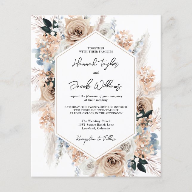 Budget Dusty Blue Beige Blumenzwiebeln Einladung (Vorderseite)