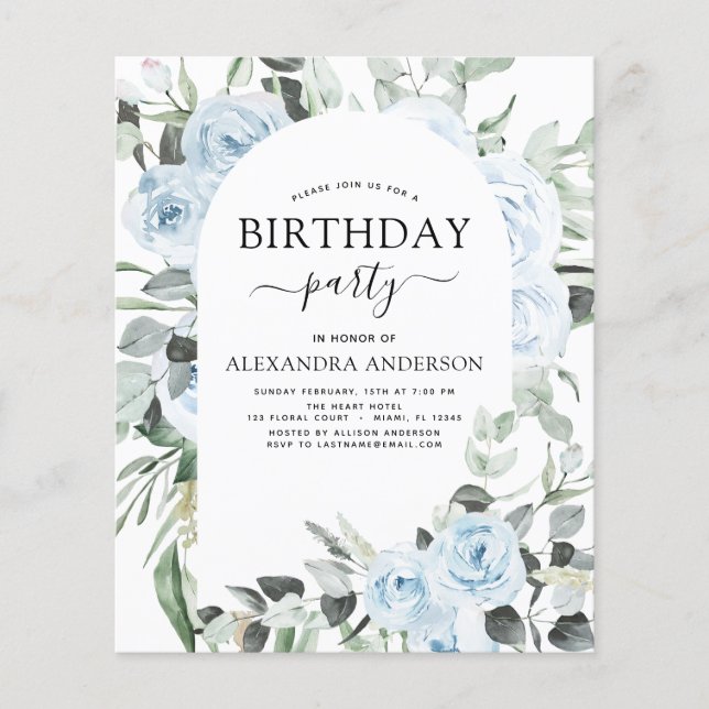 Budget Dusty Blue Birthday Party Blumenladen Flyer (Vorne)