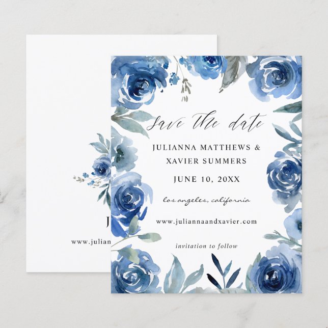 Budget Dusty Blue & Blue Floral Save the Date (Vorne/Hinten)