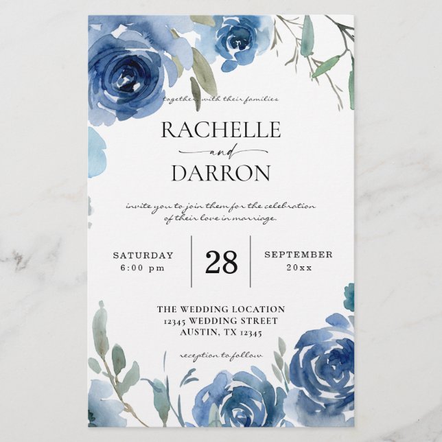 Budget Dusty Blue & Blue Floral Wedding Large Flyer (Vorne)
