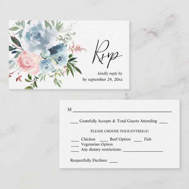 Budget Dusty Blue & Blush Pink Floral 2SM UAWG Begleitkarte (Vorne/Hinten)