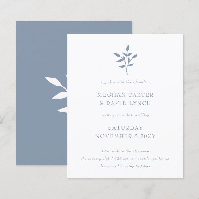Budget Dusty Blue Botanical Wedding Einladung (Vorne/Hinten)