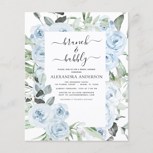 Budget Dusty Blue Brunch & Bubbly Brautparty Flyer (Vorne)