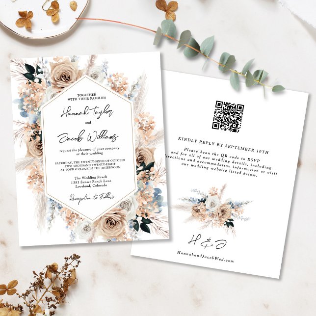 Budget Dusty Blue Champagne Wedding QR Code Einlad (Von Creator hochgeladen)