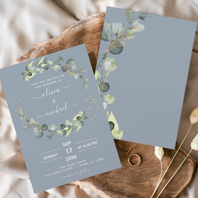 Budget Dusty Blue Eucalyptus Wedding Einladungen Flyer (Von Creator hochgeladen)