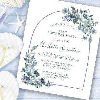 Budget Dusty Blue Floral 19. Geburtstag Einladung