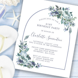 Budget Dusty Blue Floral 21. Geburtstag Einladung
