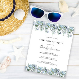 Budget Dusty Blue Floral 40. Geburtstag Einladung