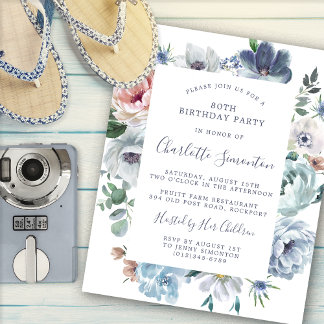 Budget Dusty Blue Floral 80. Geburtstag Einladung