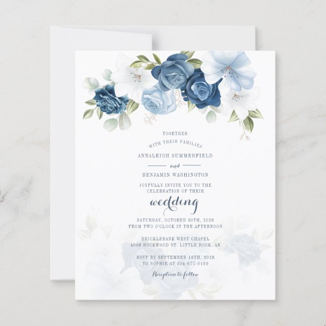 Budget Dusty Blue Floral Botanical Wedite Einladun (Vorderseite)