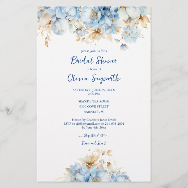 Budget Dusty Blue Floral Brautparty Flyer (Vorne)