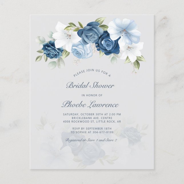 Budget Dusty Blue Floral Bridal Dusche Einladung (Vorderseite)