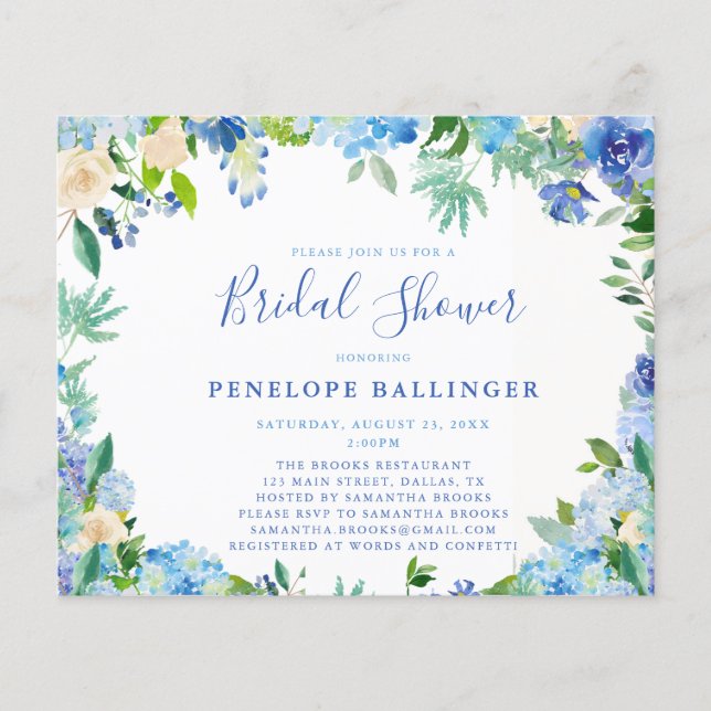 Budget Dusty Blue Floral Bridal Dusche Einladungen (Vorderseite)